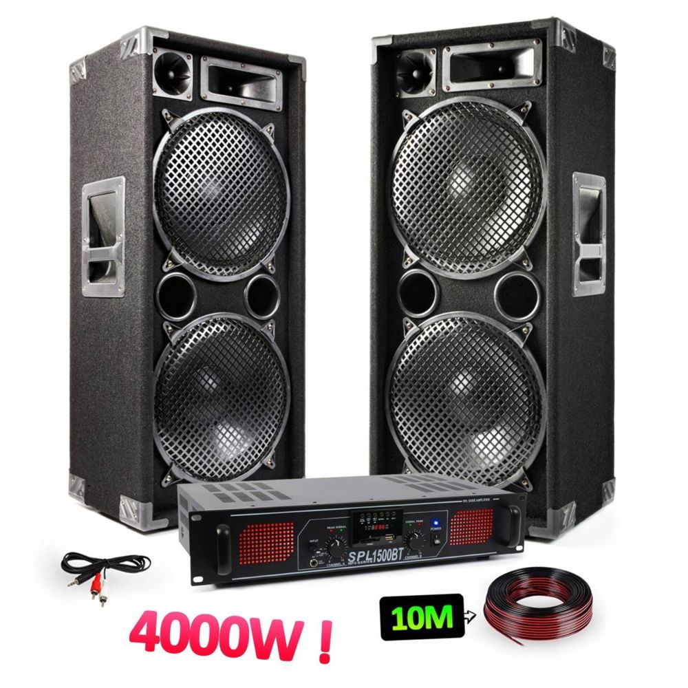 Max - Pack sonorisation 2 enceintes 2x15"" 2x2000W + Amplificateur 2000W USB/BT/FM/SD/EQ + câbles - Packs DJ