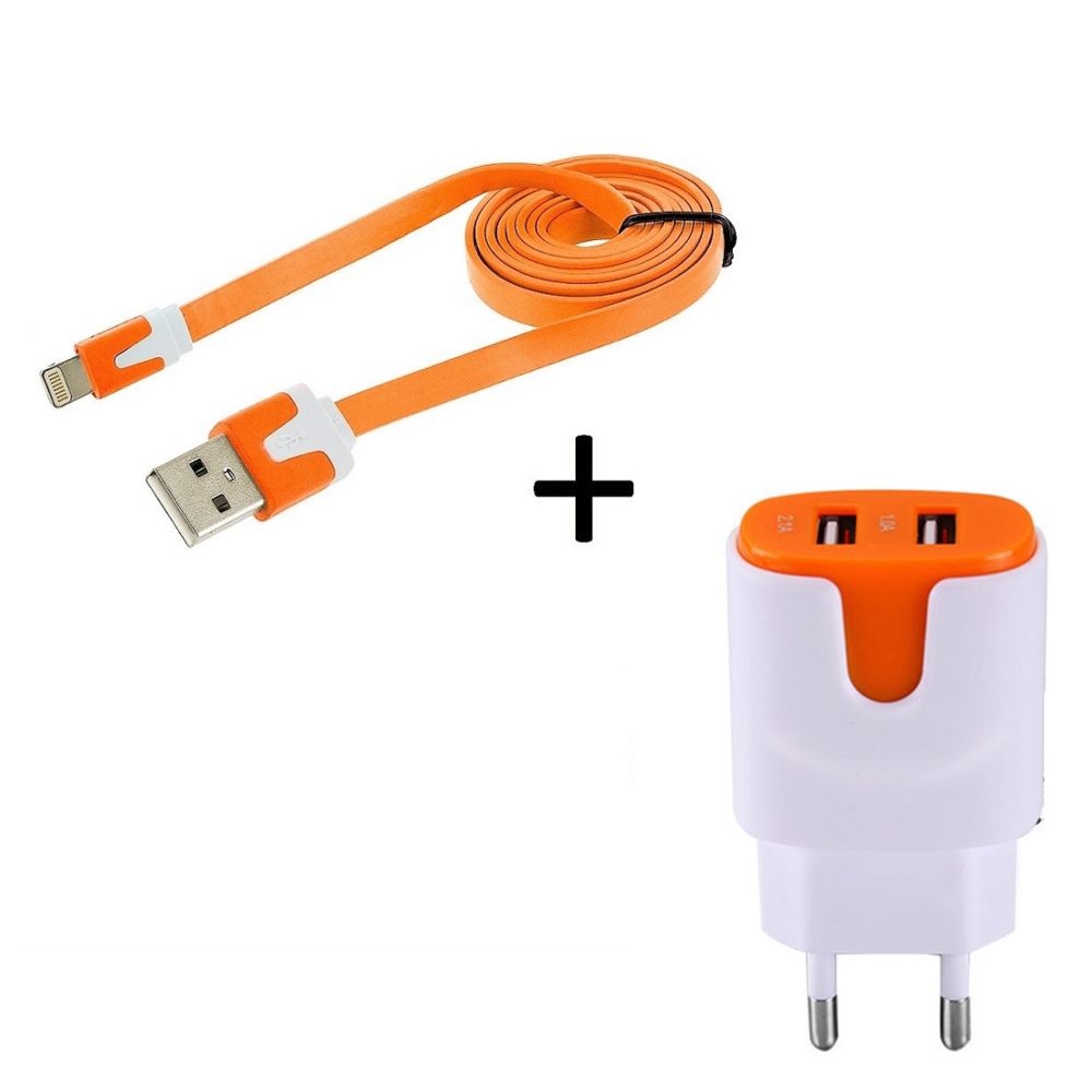 marque generique - Pack Chargeur pour IPHONE 5/5S Smartphone Micro-USB (Cable Noodle 1m Chargeur + Double Prise Secteur Couleur USB) Android (ORANGE) - Chargeur secteur téléphone