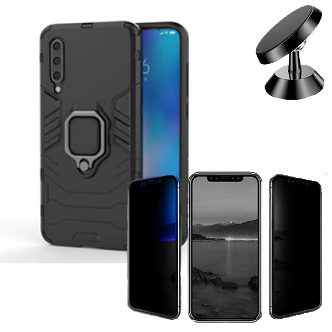Phonecare - Kit de Verre Trempé 5D Anti-Spy / Intimité + Coque 3X1 Military Defender + Support Magnétique de Voiture - Huawei Y7 2019 - Coque, étui smartphone
