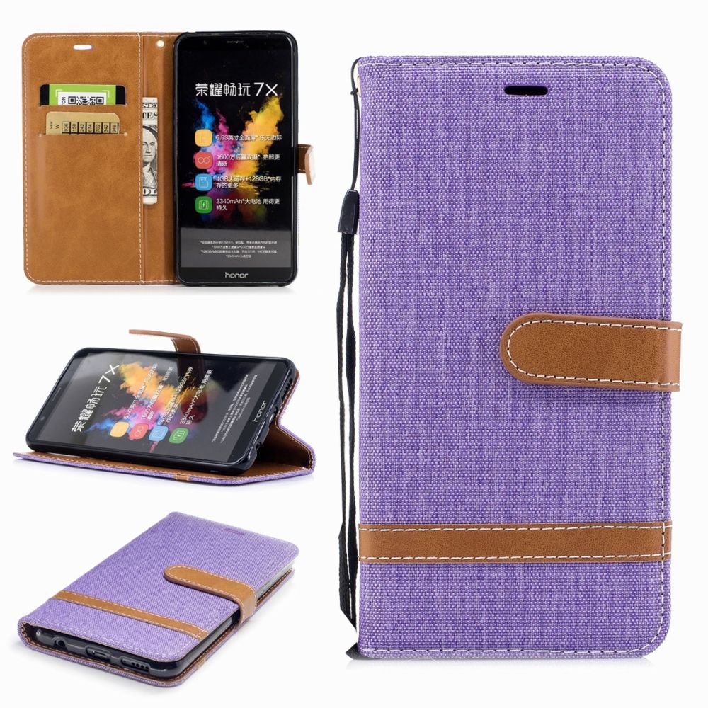 Wewoo - Housse Coque Étui en cuir à texture de denim de couleur assortie pour Huawei Honor 7Xavec support et fentes cartes et portefeuille et lanière violet - Coque, étui smartphone