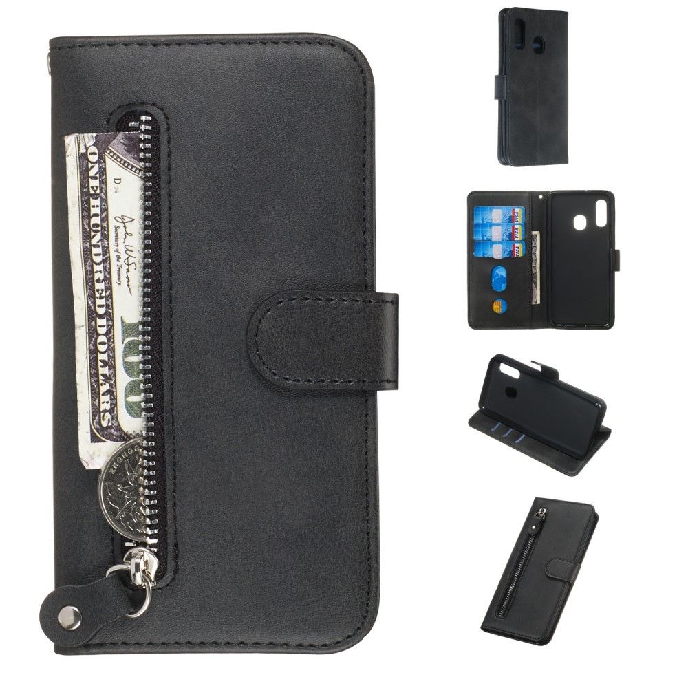 marque generique - Etui en PU poche à fermeture éclair avec support noir pour votre Samsung Galaxy A20e - Coque, étui smartphone