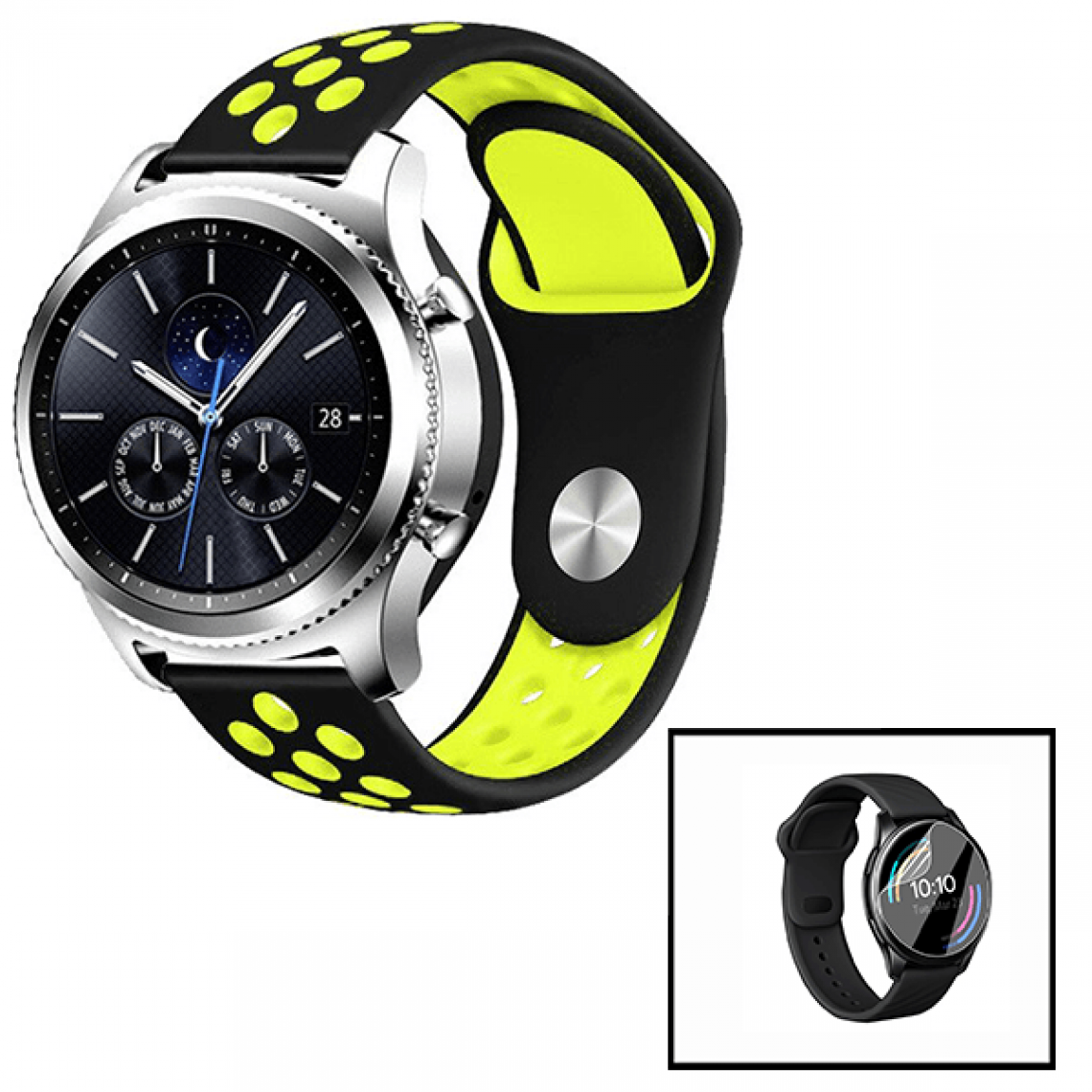 Phonecare - Kit Bracelet SportyStyle + Film de Hydrogel pour Samsung Galaxy Watch Bluetooth 42mm - Noir / Vert fluorescent - Autres accessoires smartphone