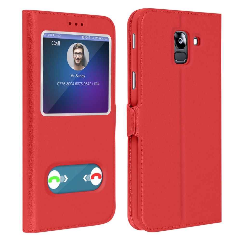 Avizar - Etui Samsung Galaxy J6 Housse Folio Double Fenêtre Fonction Support rouge - Coque, étui smartphone