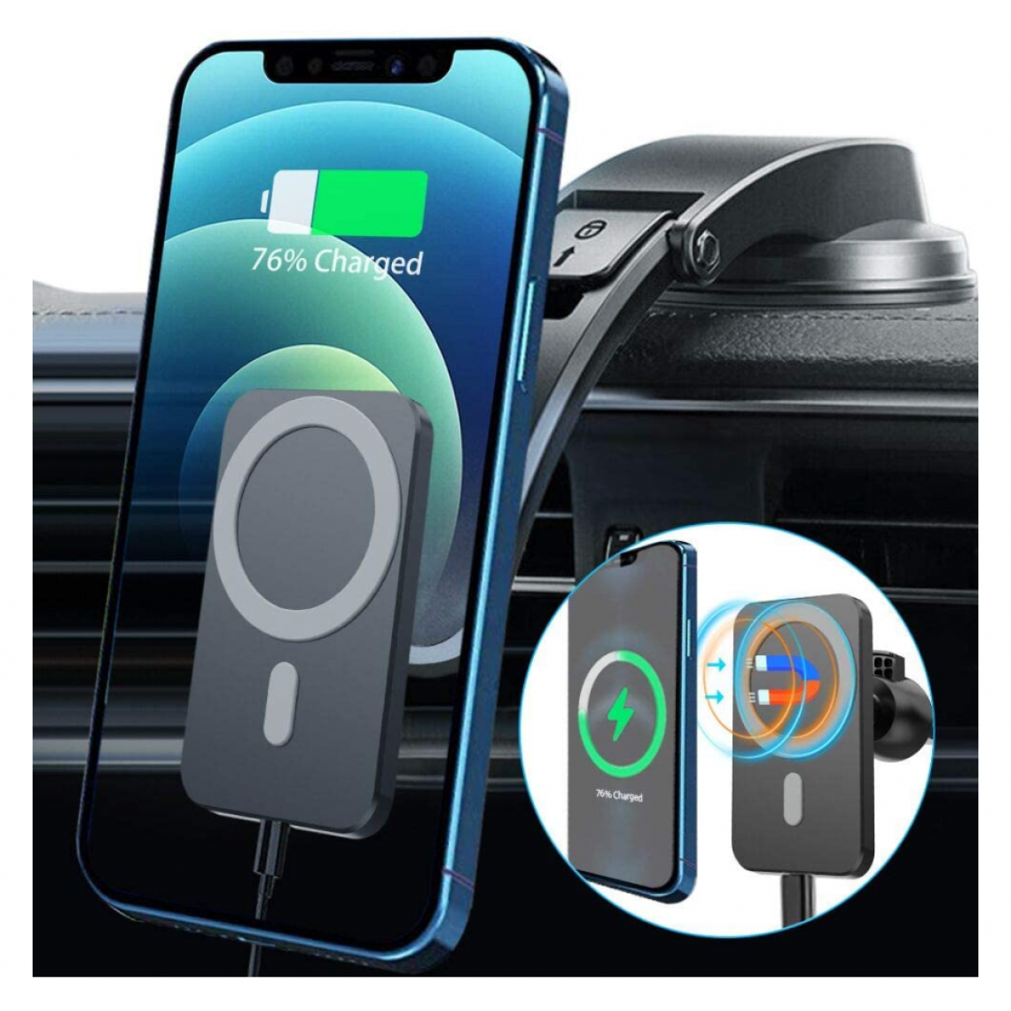Chrono - Chargeur de Voiture Magnétique Sans Fil 15W pour iPhone 12/12 Pro/12 Pro Max/12 Mini(Noir) - Batterie téléphone