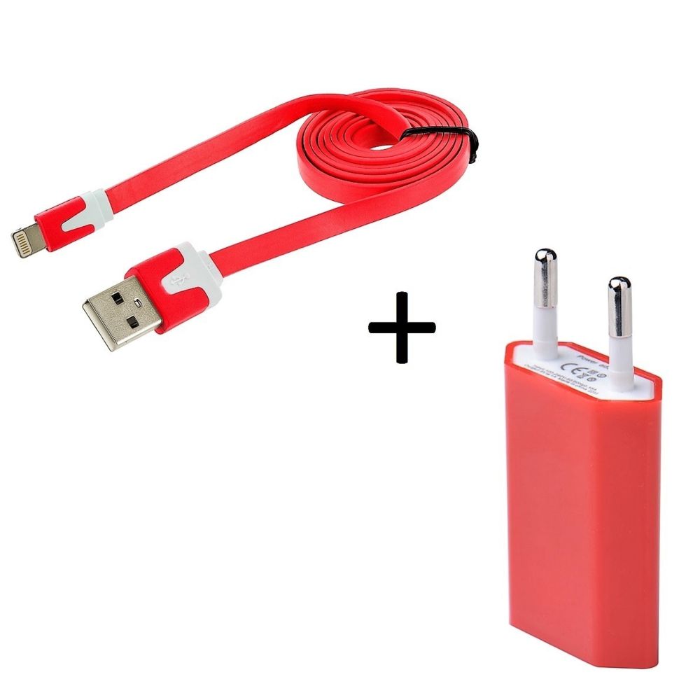 Shot - Cable Noodle 1m Chargeur + Prise Secteur pour IPHONE 7 Plus APPLE USB Lightning Murale Pack (ROUGE) - Chargeur secteur téléphone