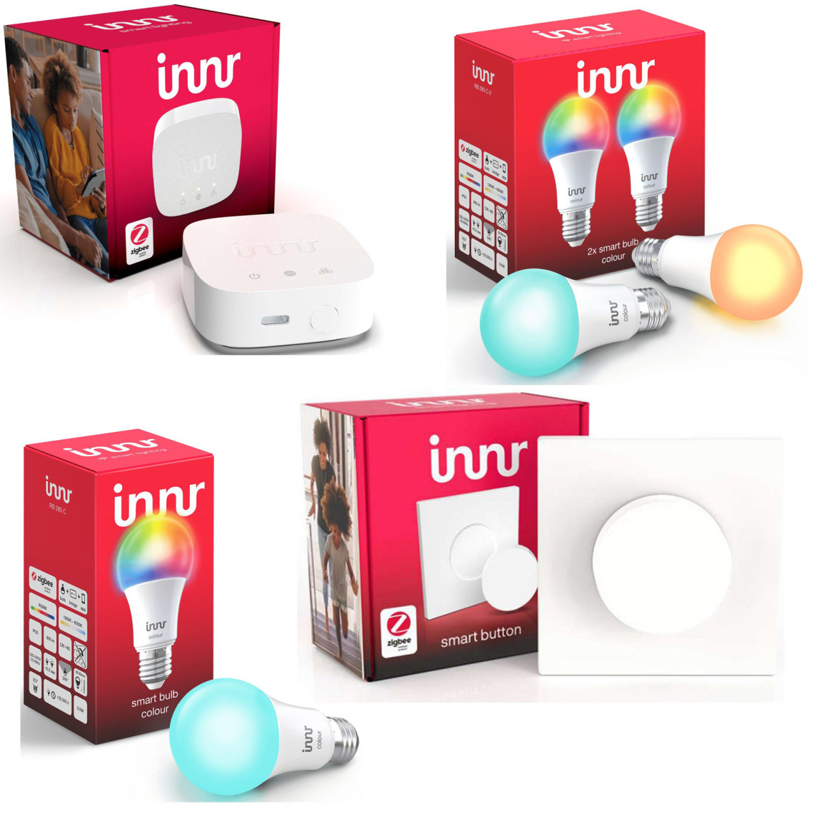 Innr - Kit de démarrage avec Pont et 3 Ampoules Zigbee E27 RGB et un Smart Button 5 touches - Box domotique et passerelle
