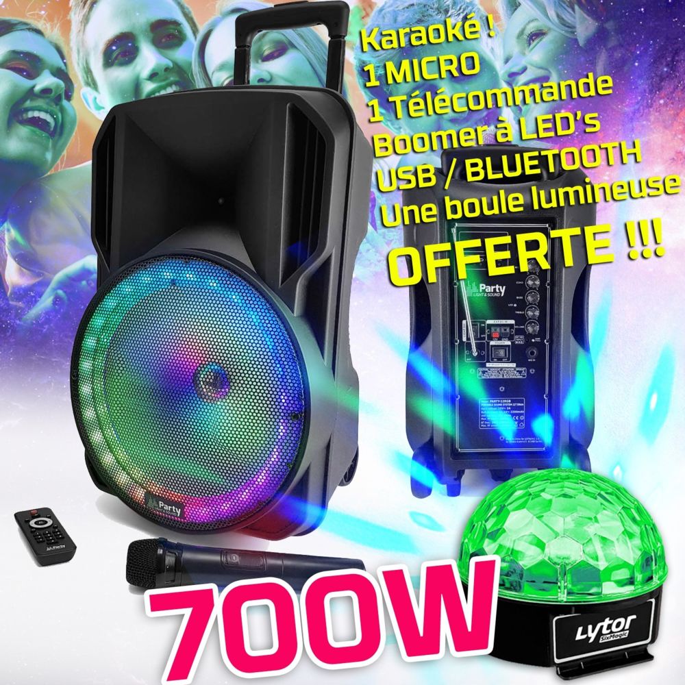 Party Sound - Enceinte PARTY KARAOKE 700W sono DJ portable sur Batterie Disco Mobile 12"" LED RGB USB Bluetooth RADIO FM + MIC + BOULE SIXMAGIC - Packs sonorisation