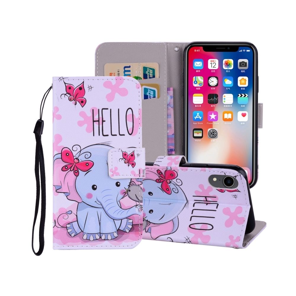 Wewoo - Étui en cuir à rabat horizontal avec motif coloré et motif d'éléphant papillon pour iPhone XR, avec support et logements pour cartes, portefeuille et lanière - Coque, étui smartphone