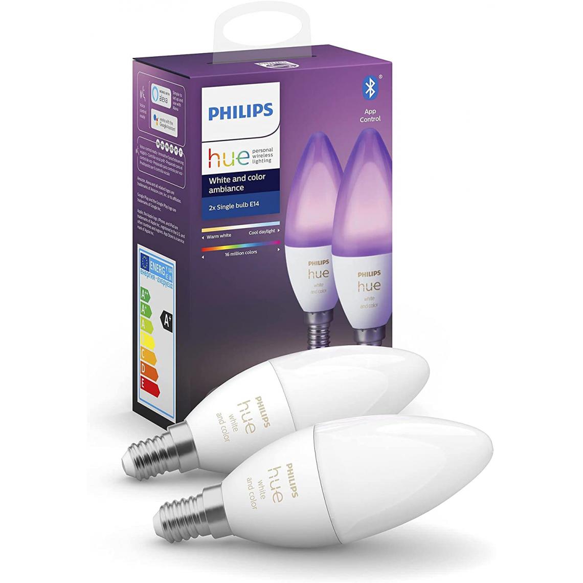 Philips - Pack de 2 ampoules connectées White & Color flamme E14 [Classe énergétique A+] - Lampe connectée