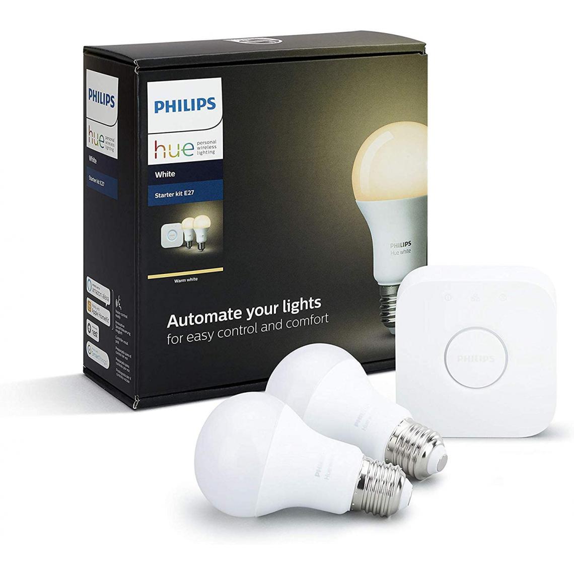 Philips - Kit de de 2 Ampoules LED Connectée + Pont de Connexion E27 Plastique Blanc 9,5 W [Classe énergétique A+] - Lampe connectée