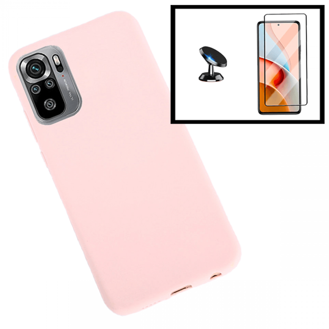 Phonecare - Kit de Film de Verre Trempé 5D à Couverture Complète + Coque en Silicone Liquide + Support Magnétique de Voiture pour Xiaomi Poco M3 Pro 5G - Rose - Coque, étui smartphone