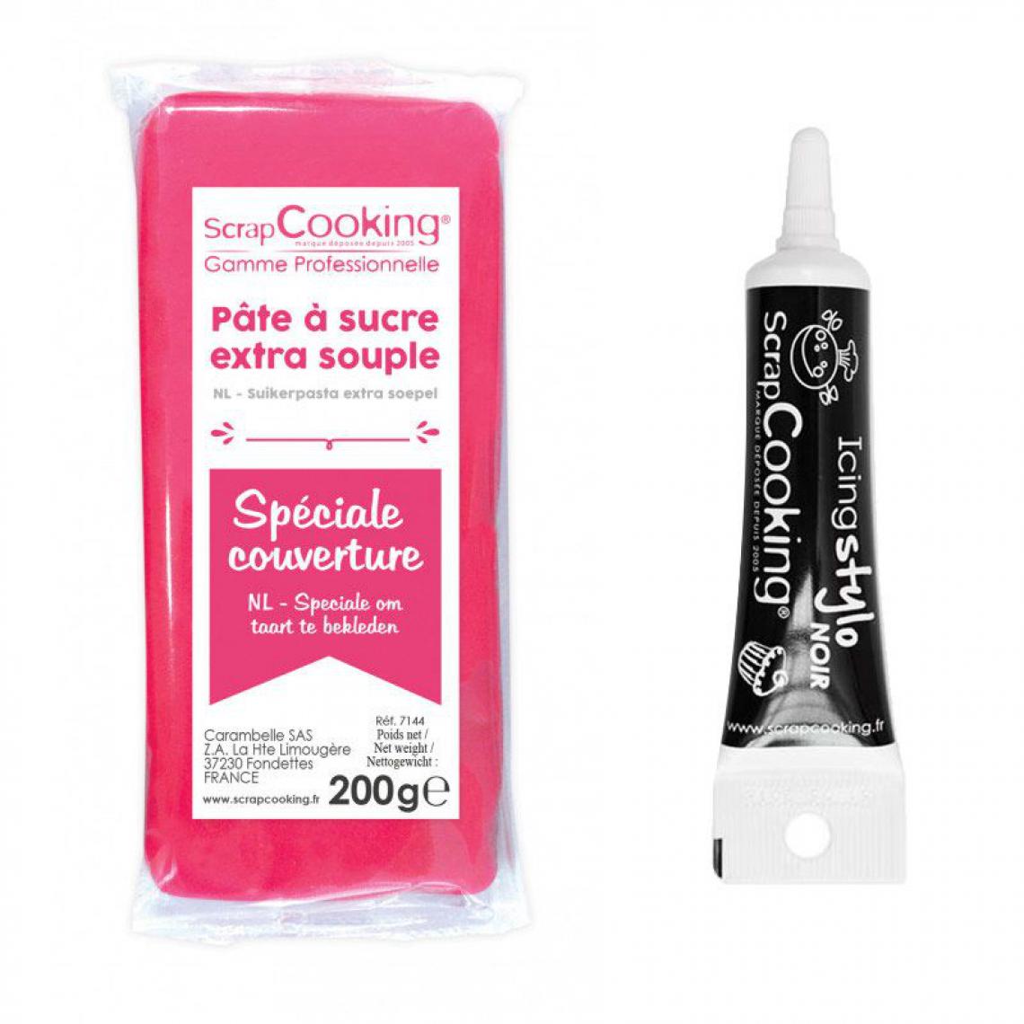 Scrapcooking - Pâte à sucre de couverture 200 g Fuchsia + Stylo de glaçage noir - Kits créatifs