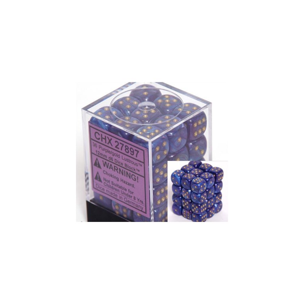Chessex - Chessex Dice d6 Sets Lustrous Purple with Gold - 12mm Six Sided Die (36) Block of Dice - Jeux d'adresse
