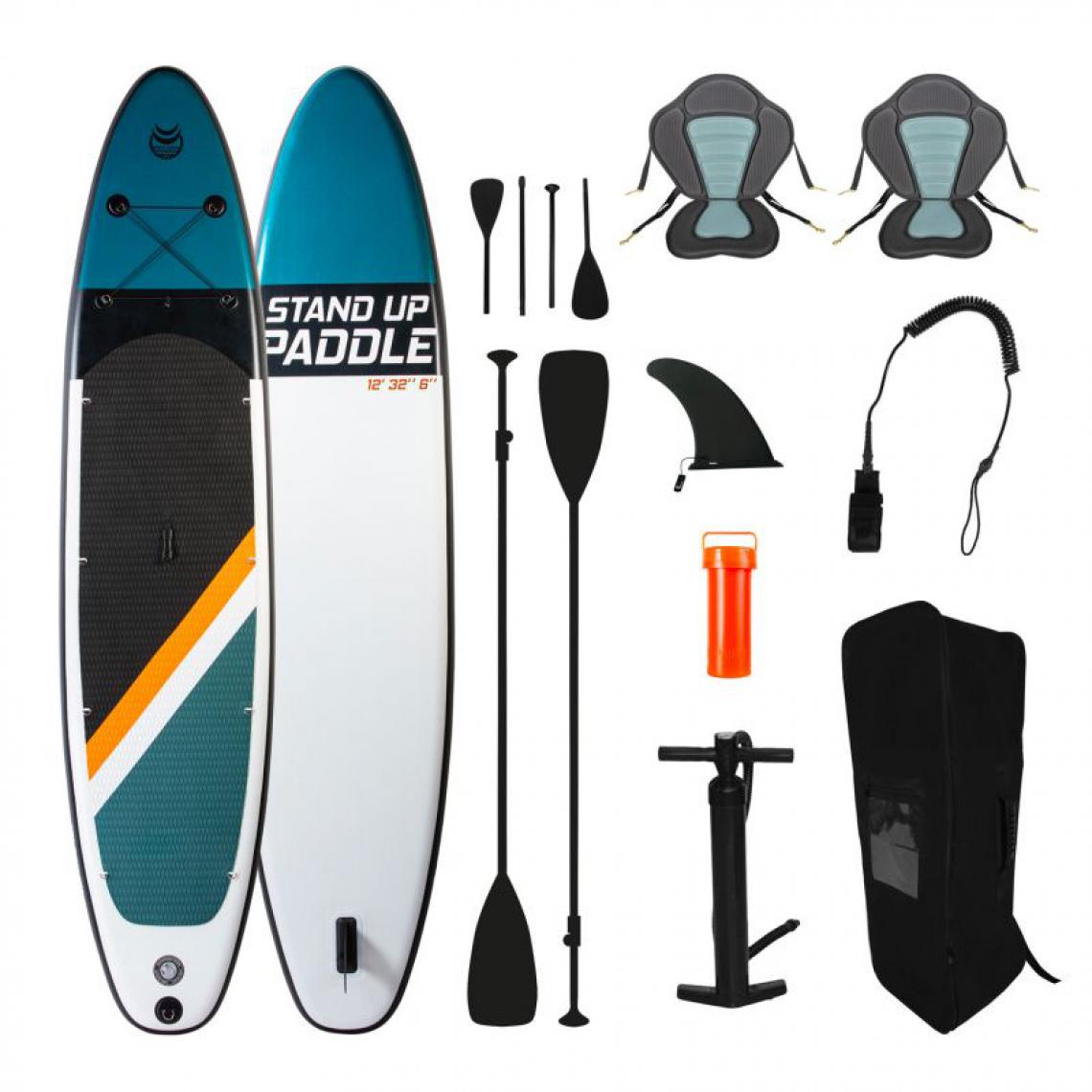 Jt2D - Paddle Gonflable TWO 12' 32'' 6'' (366x81x15cm) avec Pompe, 2 Pagaies, 2 sièges de kayak, Leash et Sac de Transport - Jeux de plage