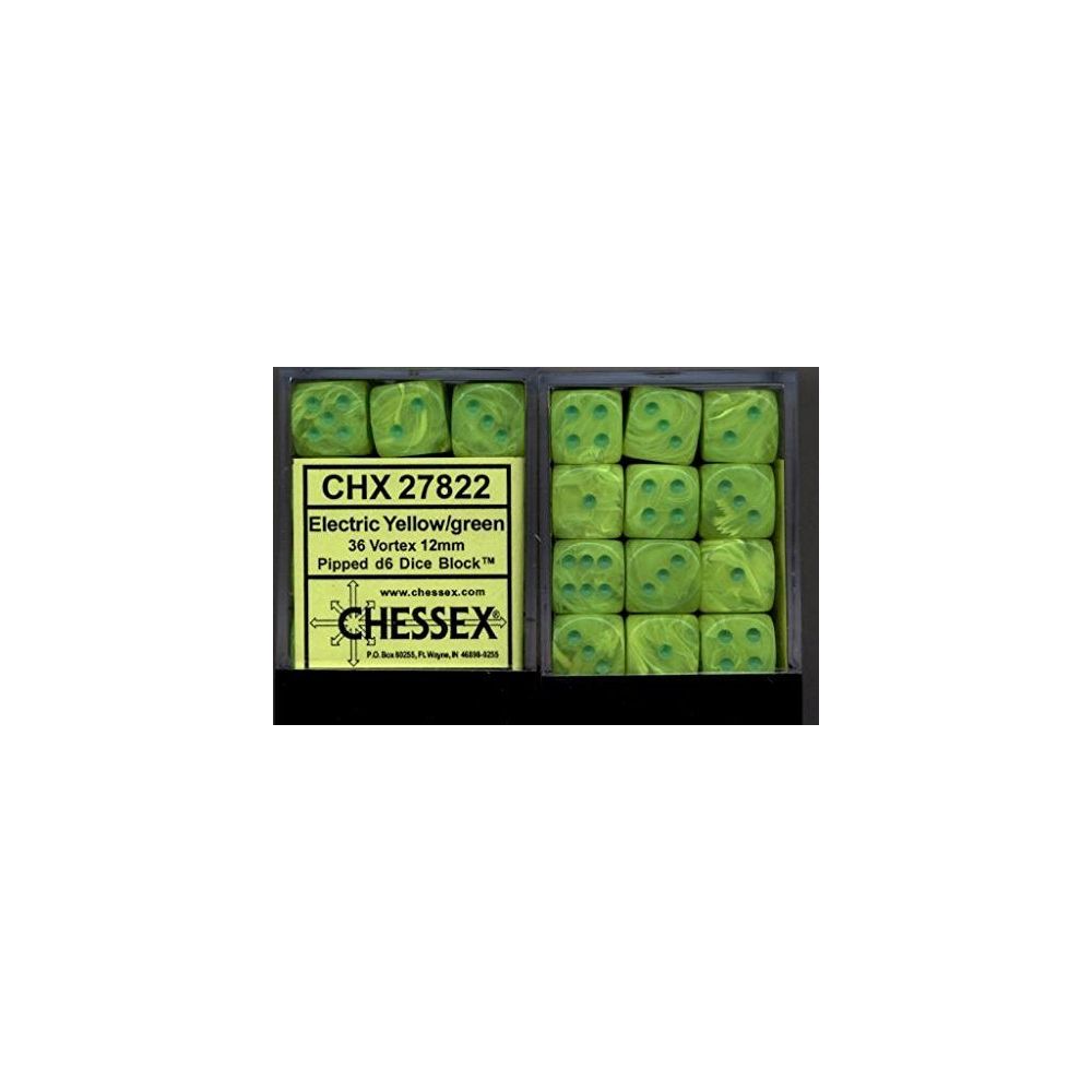 Chessex - Chessex Dice d6 Sets Vortex Marble Electric Yellow with Green - 12mm Six Sided Die (36) Block of Dice - Jeux d'adresse