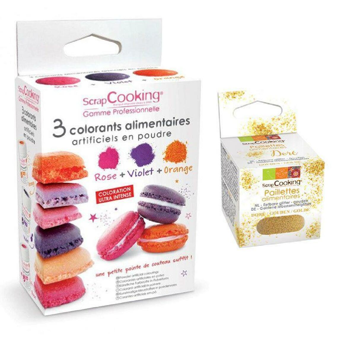 Scrapcooking - 3 colorants alimentaires orange, violet, rose + paillettes dorées - Kits créatifs