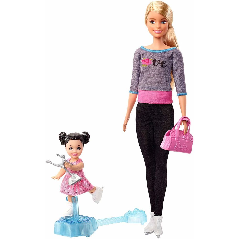 Barbie - Barbie Métiers coffret coach de Patinage Artistique, poupée blonde et son élève, avec patins et accessoires, jouet pour enfant, FXP38 - Poupées