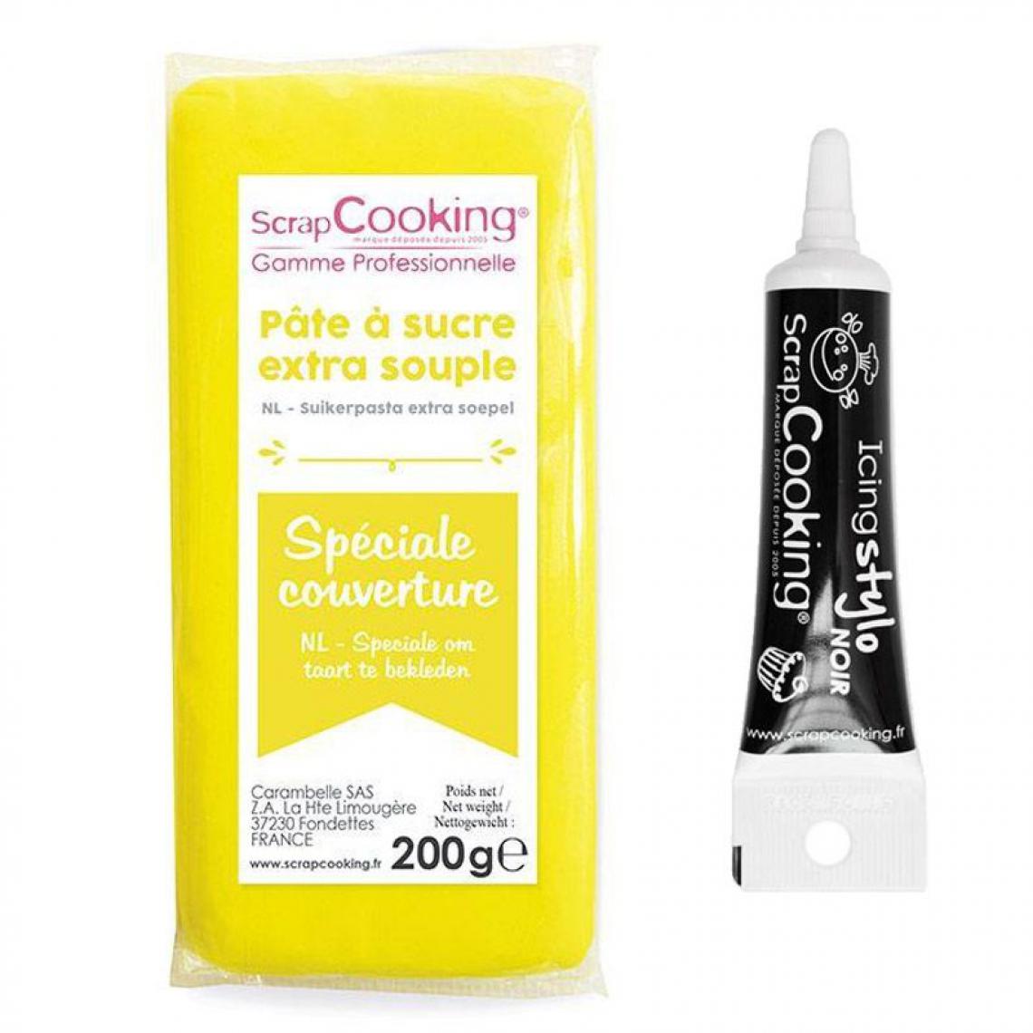 Scrapcooking - Pâte à sucre de couverture jaune 200 g + Stylo de glaçage noir - Kits créatifs