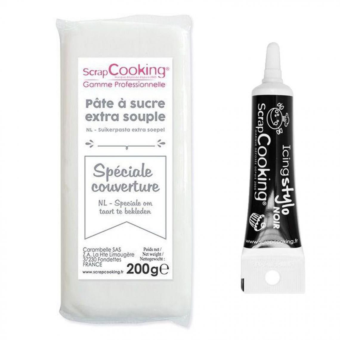 Scrapcooking - Pâte à sucre de couverture blanche 200 g + Stylo de glaçage noir - Kits créatifs