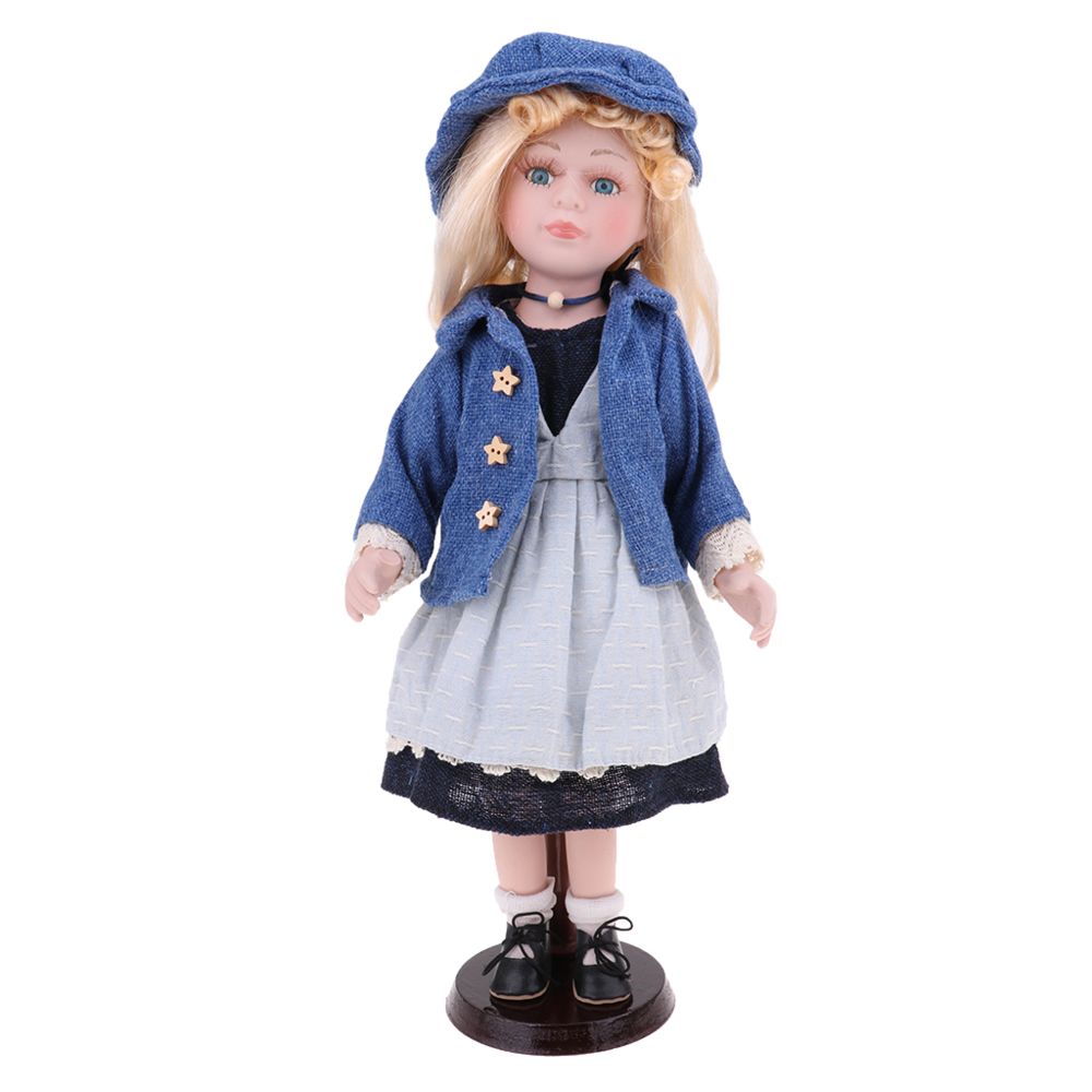 marque generique - Figurines de gens de poupée bouclés en porcelaine vintage de 40cm avec chapeau de robe bleue - Poupons