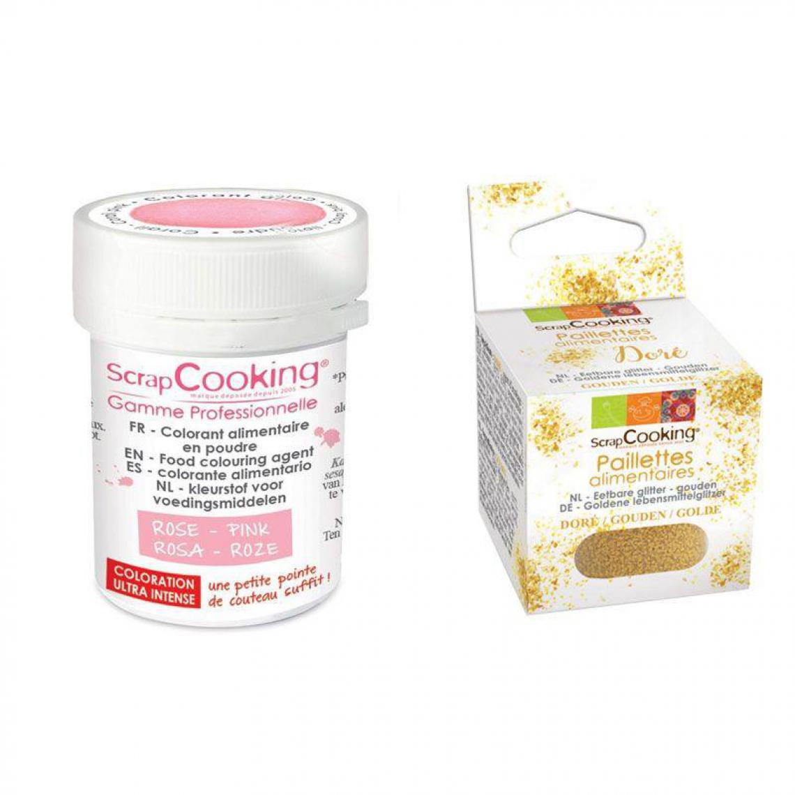 Scrapcooking - Colorant alimentaire en poudre rose poudré + paillettes dorées - Kits créatifs