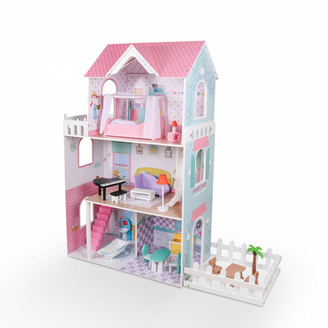 Playtown - Maison de poupée en bois de 3 étages avec accessoires filles Pretty House XXL - Briques et blocs