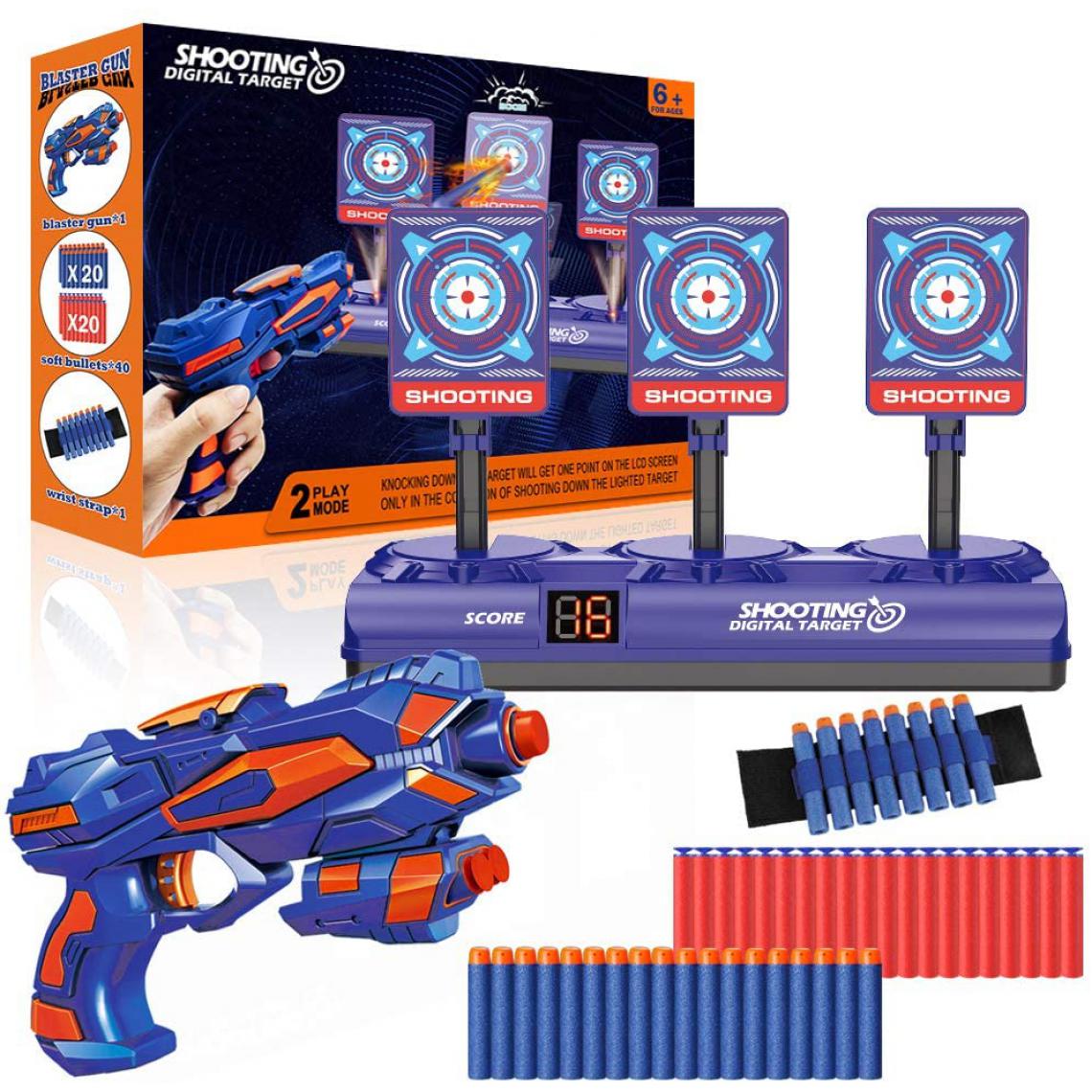 Bonbell - pistolet avec 40 flèchettes en mousse et 3 cibles électronique bleu orange - Jeux d'adresse