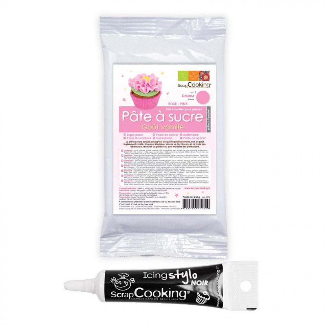 Scrapcooking - Pâte à sucre rose 250 g + Stylo de glaçage noir - Kits créatifs