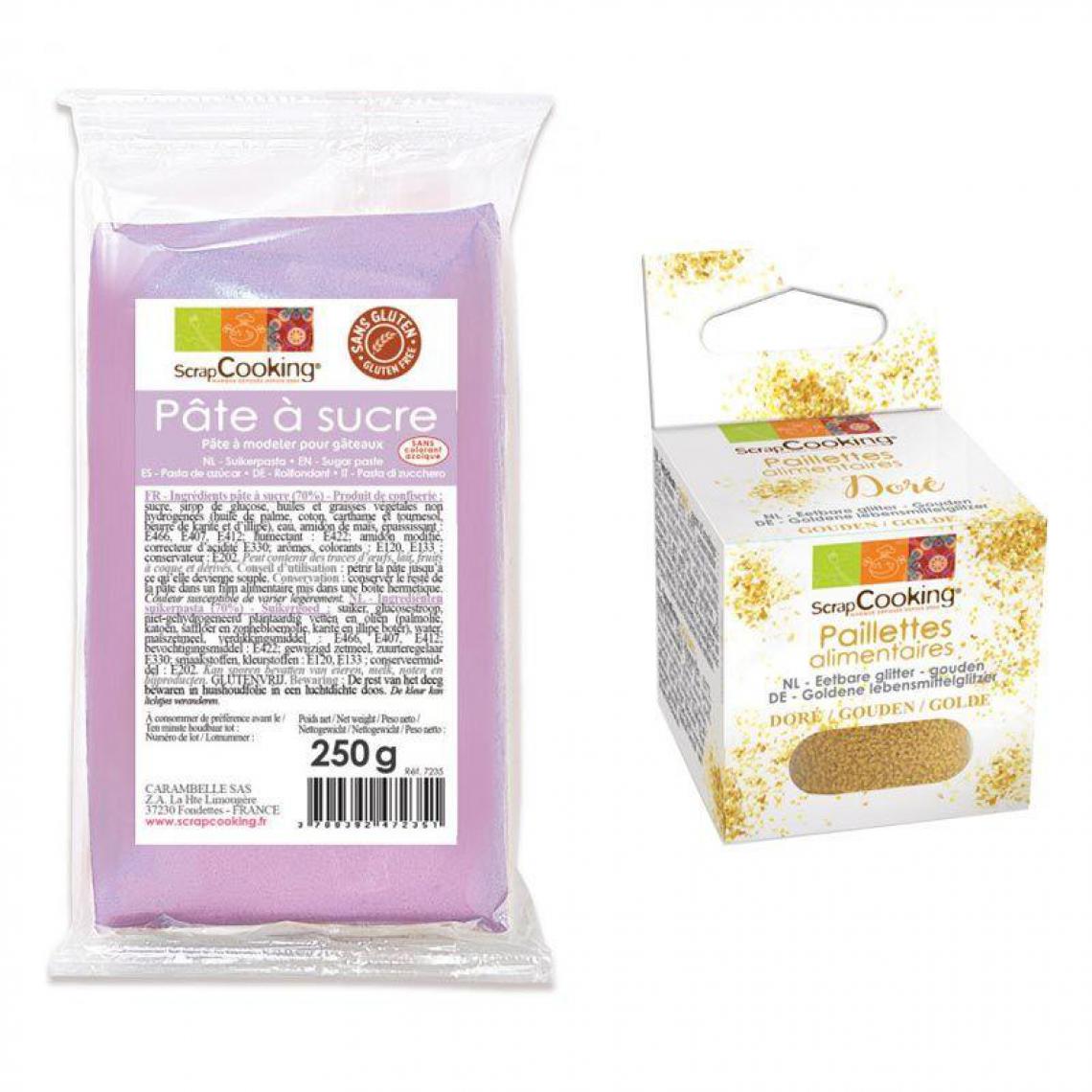 Scrapcooking - Pâte à sucre violette 250 g arôme vanille + paillettes dorées - Kits créatifs