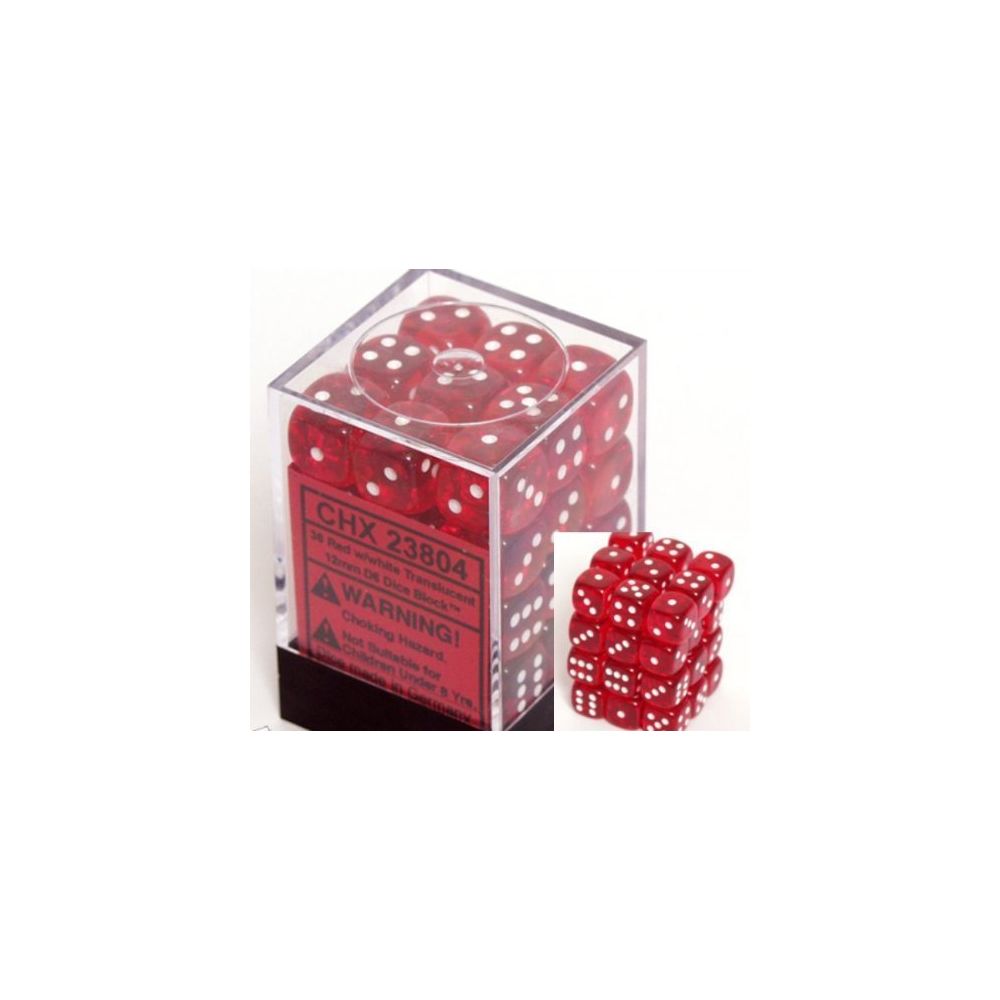 Chessex - Chessex Dice d6 Sets Red with White Translucent - 12mm Six Sided Die (36) Block of Dice - Jeux d'adresse