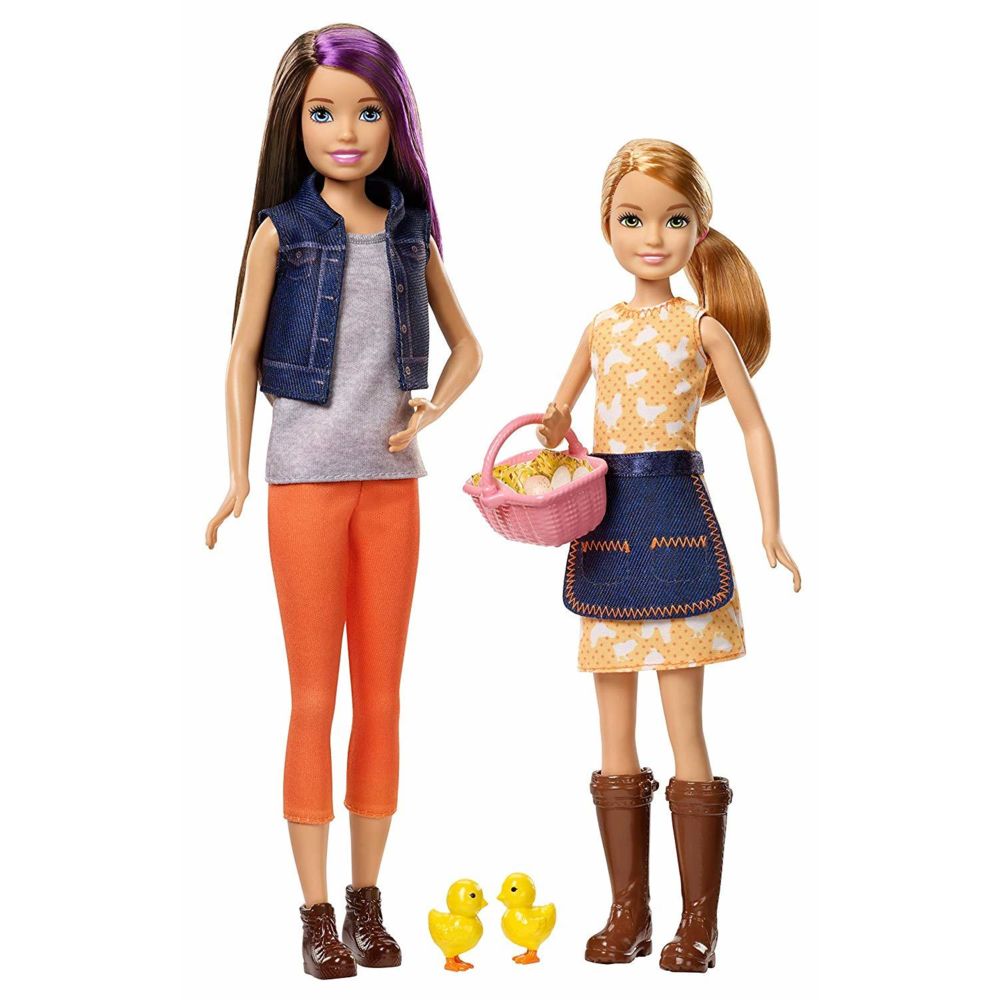 Barbie - Barbie Famille coffret poupées Skipper & Stacie à la ferme, fermières avec 2 poussins et un panier d'?uf, jouet pour enfant, GCK85 - Poupées