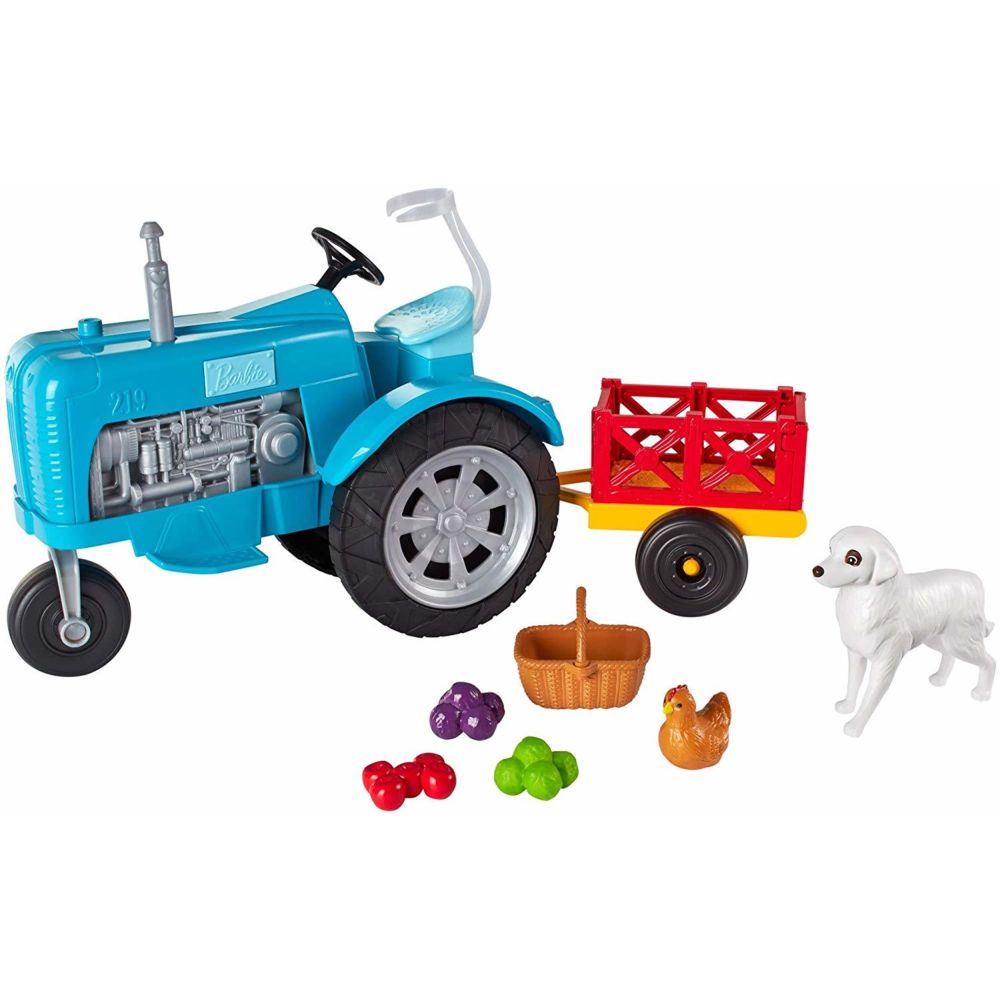 Barbie - Barbie Tracteur bleu pour poupée avec remorque, figurines chien et poule, un panier et des légumes, jouet pour enfant, GFF49 - Poupées