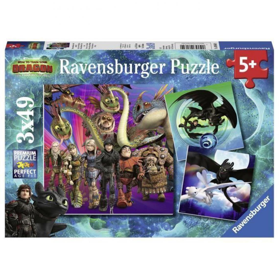 Ravensburger - DRAGONS 3 Puzzles 3x49 pieces - Apprivoiser les dragons - Ravensburger - Lot de puzzles enfant - Des 5 ans - Animaux