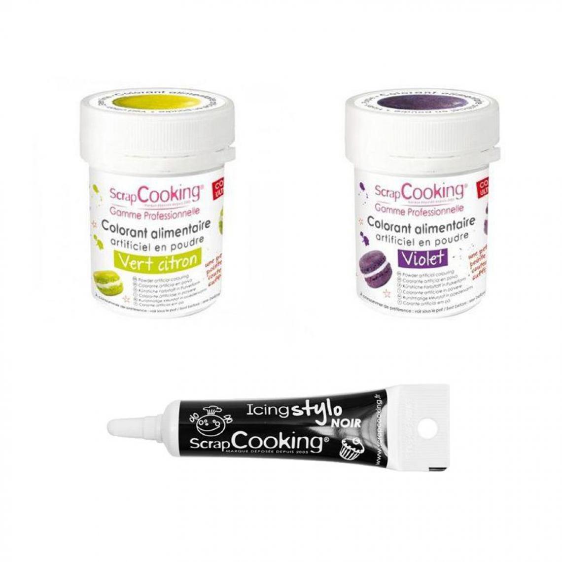 Scrapcooking - 2 colorants alimentaires violet-vert citron + Stylo glaçage noir - Kits créatifs