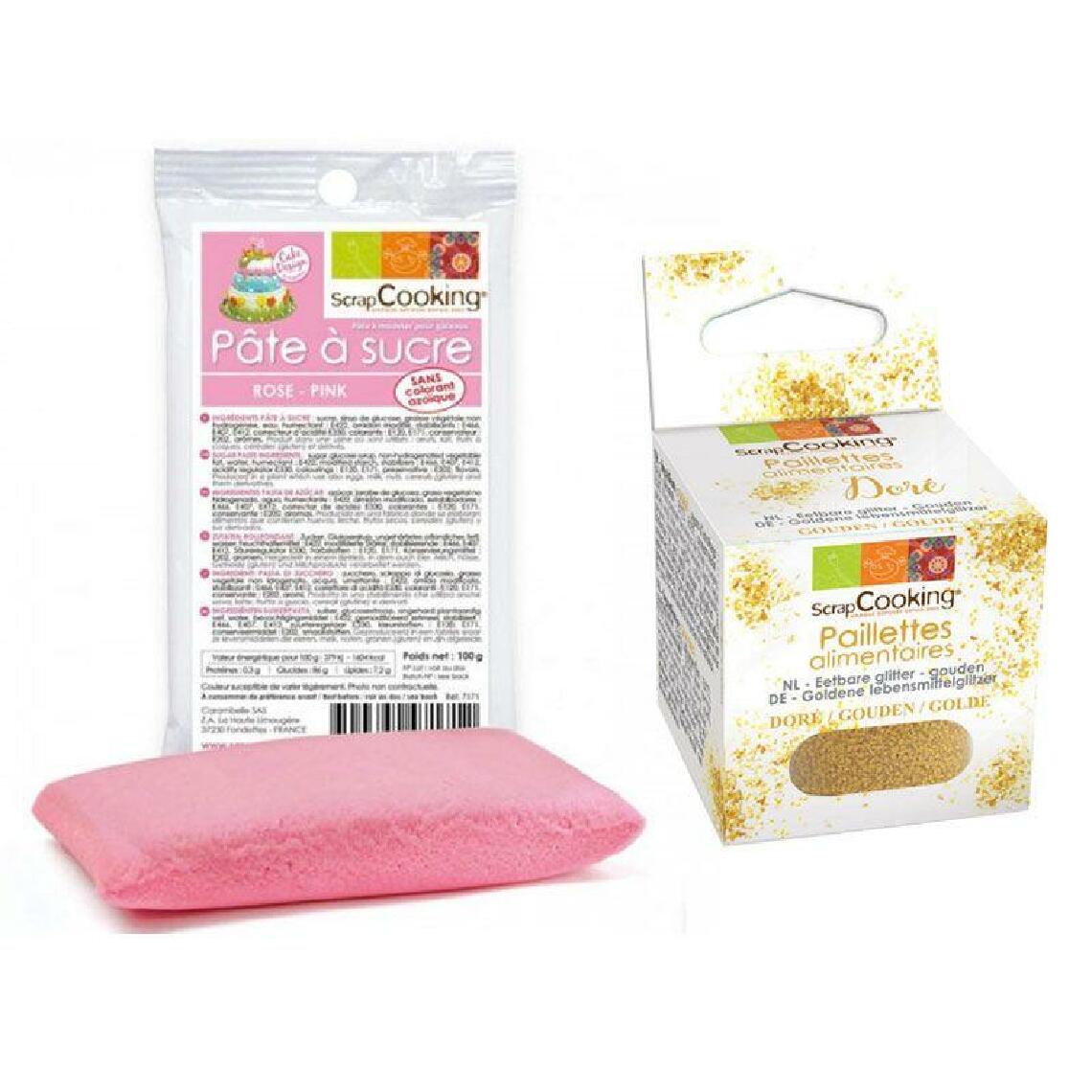Scrapcooking - Pâte à sucre rose 100 g + paillettes dorées - Kits créatifs