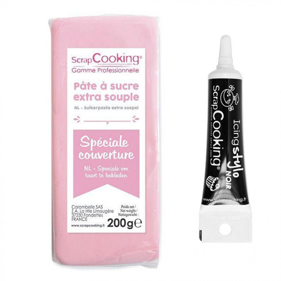 Scrapcooking - Pâte à sucre de couverture rose 200 g + Stylo de glaçage noir - Kits créatifs