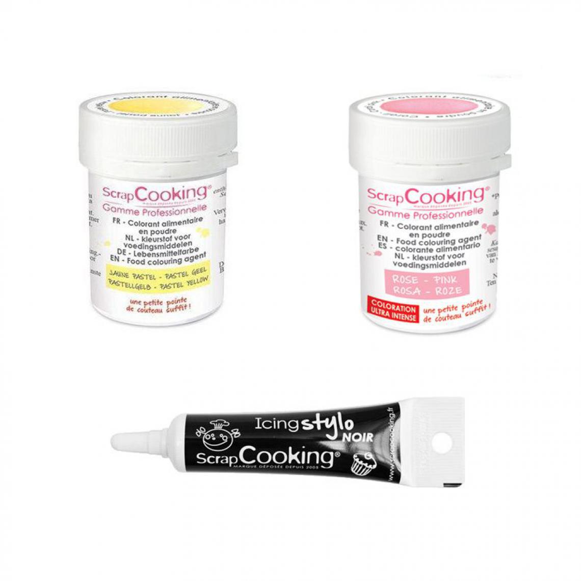 Scrapcooking - 2 colorants alimentaires rose poudré-jaune pastel + Stylo glaçage noir - Kits créatifs