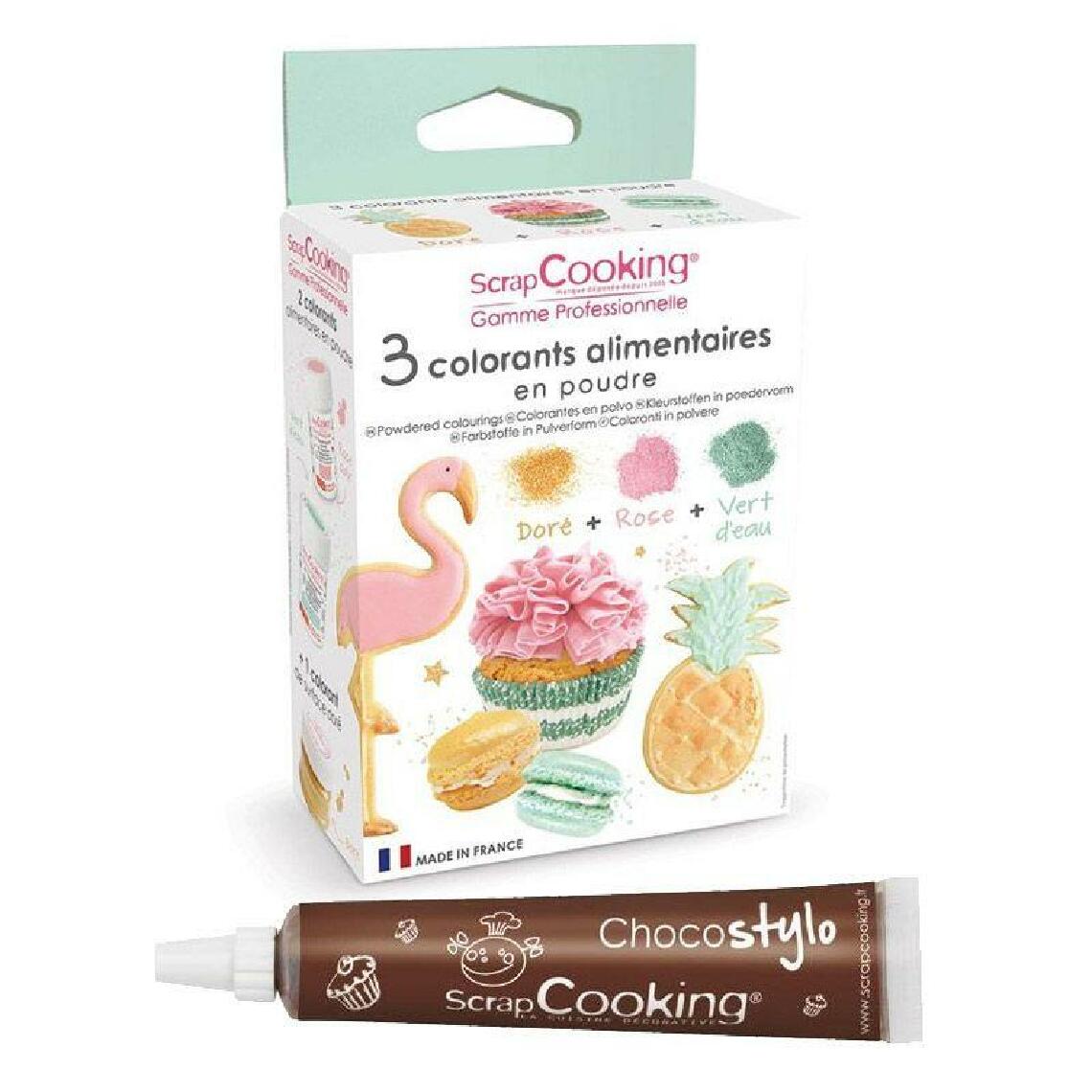 Scrapcooking - 3 colorants alimentaires rose poudré, vert d'eau, doré + 1 Stylo chocolat offert - Kits créatifs