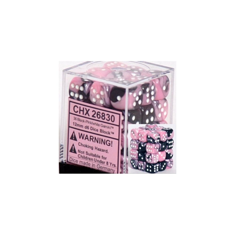 Chessex - Chessex Dice d6 Sets Gemini Black & Pink with White - 12mm Six Sided Die (36) Block of Dice - Jeux d'adresse