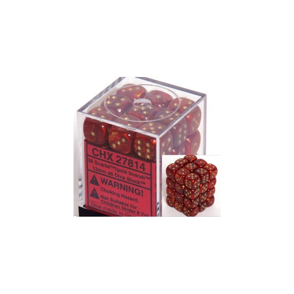 Chessex - Chessex Dice d6 Sets Scarab Scarlet with Gold - 12mm Six Sided Die (36) Block of Dice - Jeux d'adresse