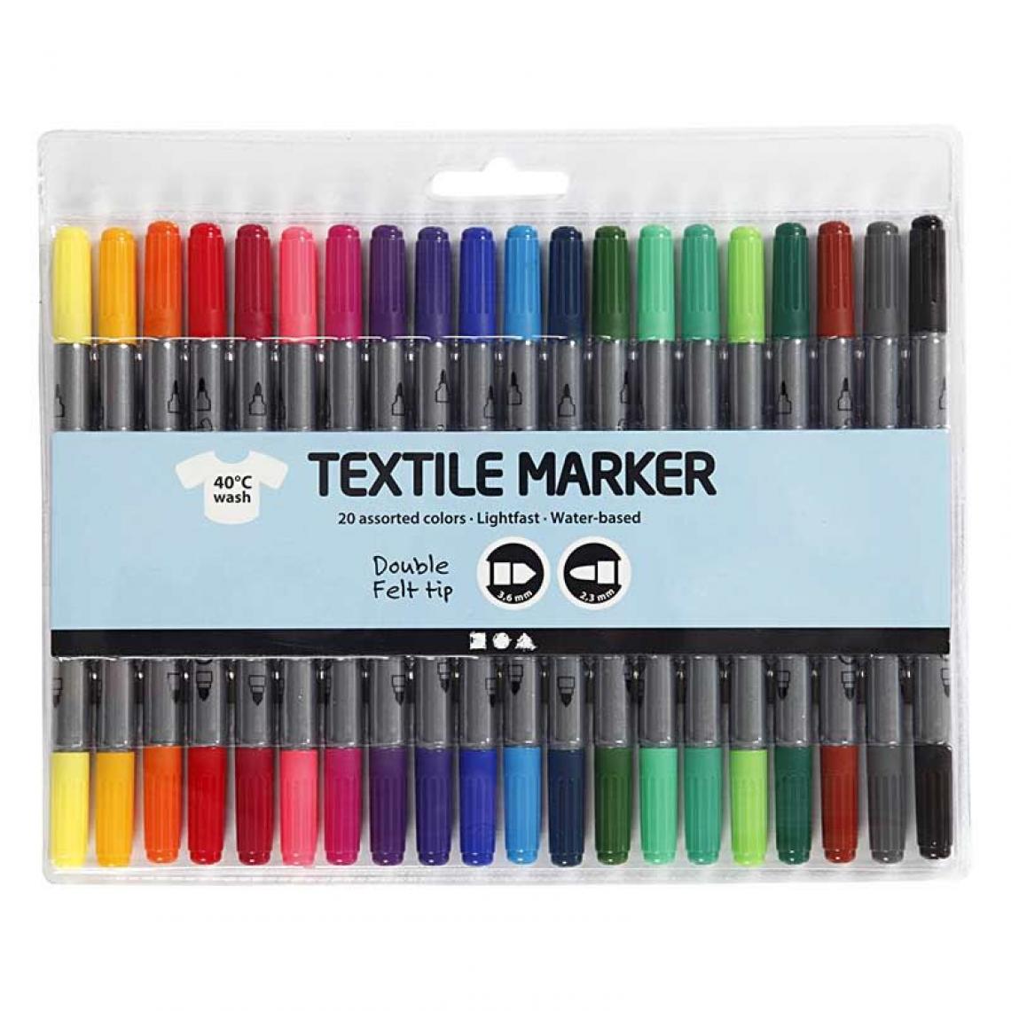Creotime - 20 Feutres textile à double pointe - couleurs vives - Dessin et peinture