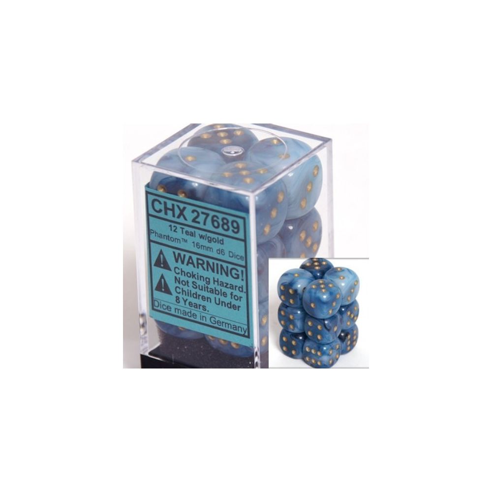 Chessex - Chessex Dice d6 Sets: Phantom Teal with Gold - 16mm Six Sided Die (12) Block of Dice - Carte à collectionner