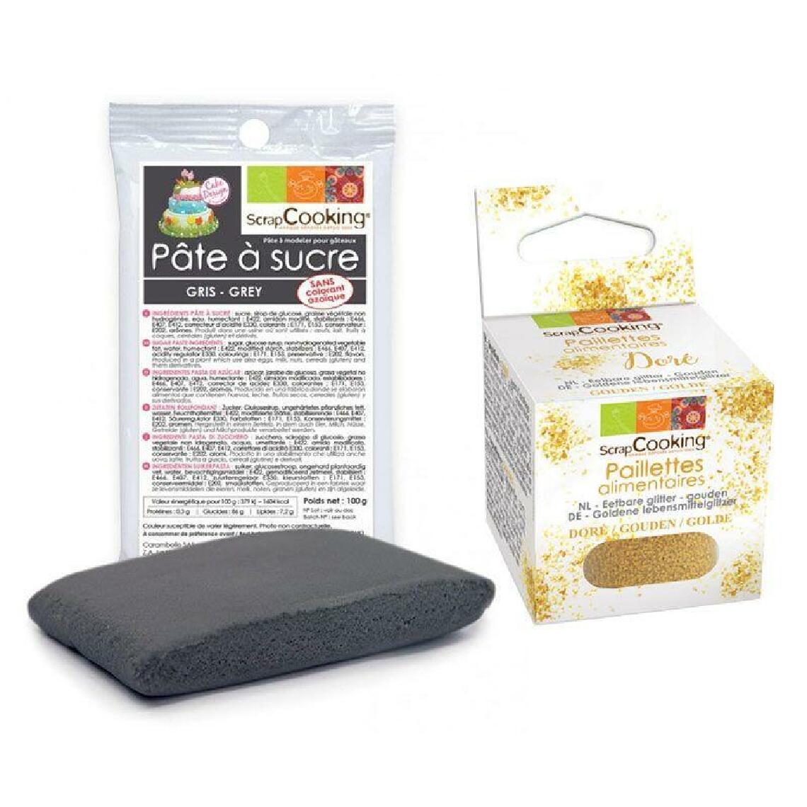 Scrapcooking - Pâte à sucre grise 100 g + paillettes dorées - Kits créatifs