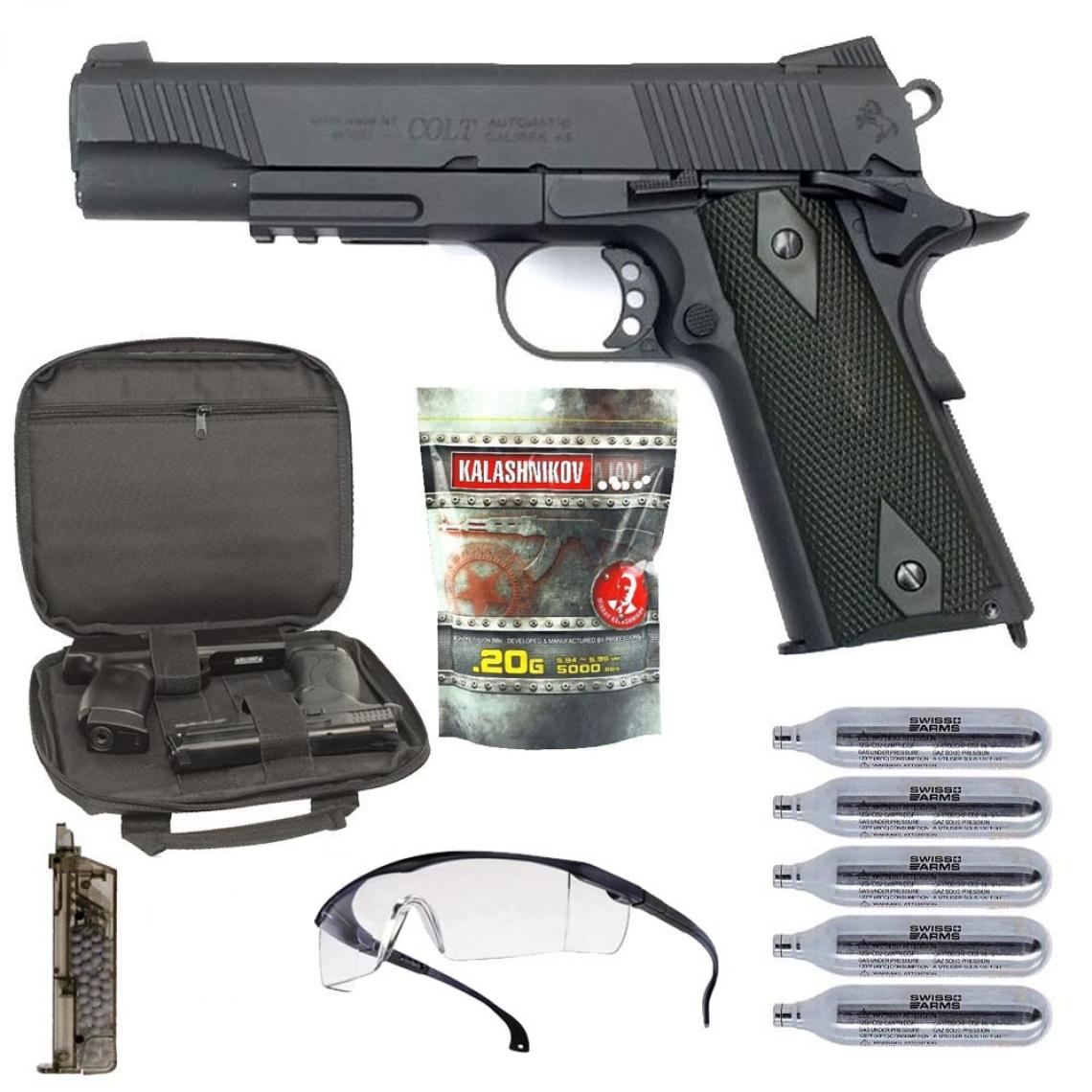Cybergun - Pack airsoft RTS Colt 1911 M45A1 Rail Gun Black Mat Co2 + Sparclettes de Gaz + Lunettes + Billes + Housse + Speedloader - Jeux d'adresse