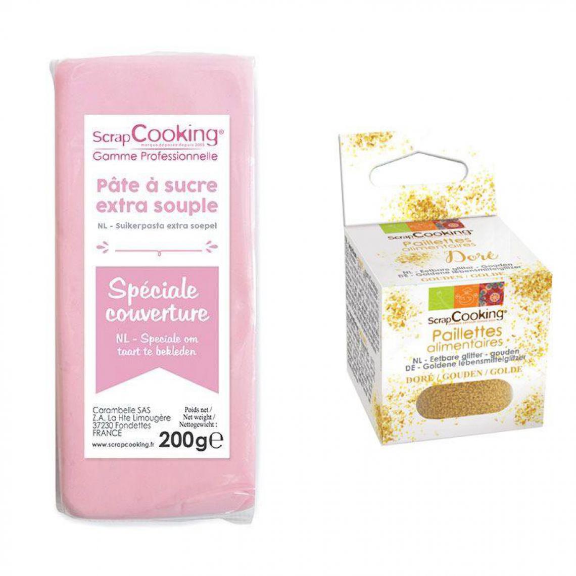 Scrapcooking - Pâte à sucre de couverture rose 200 g + paillettes dorées - Kits créatifs