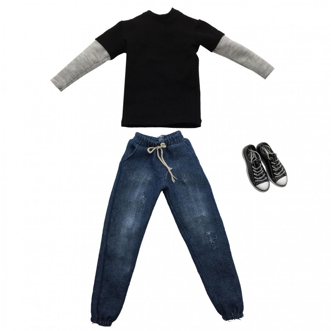 marque generique - 1/6 Échelle Homme Vêtements Noir Long T-shirt Jeans Toile Chaussures Set Pour 12 '' Action Figure - Guerriers