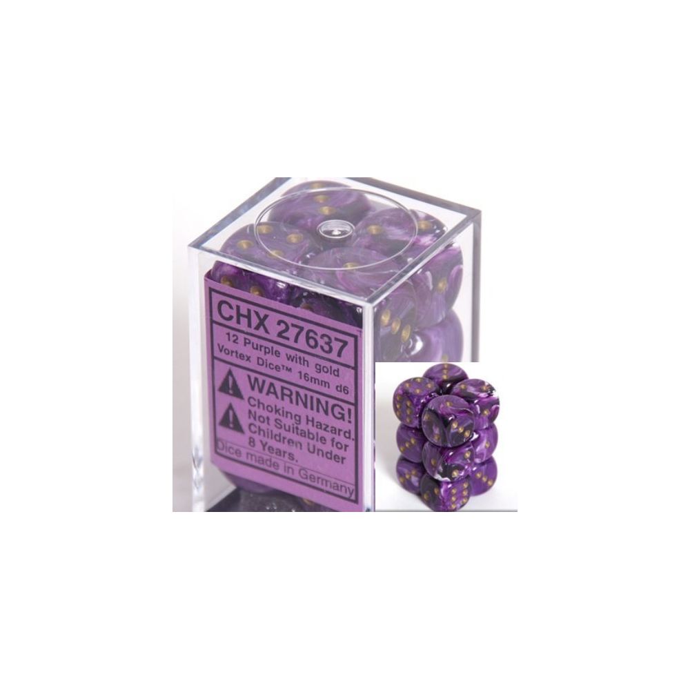 Chessex - Chessex Dice d6 Sets Vortex Purple with Gold - 16mm Six Sided Die (12) Block of Dice - Jeux d'adresse