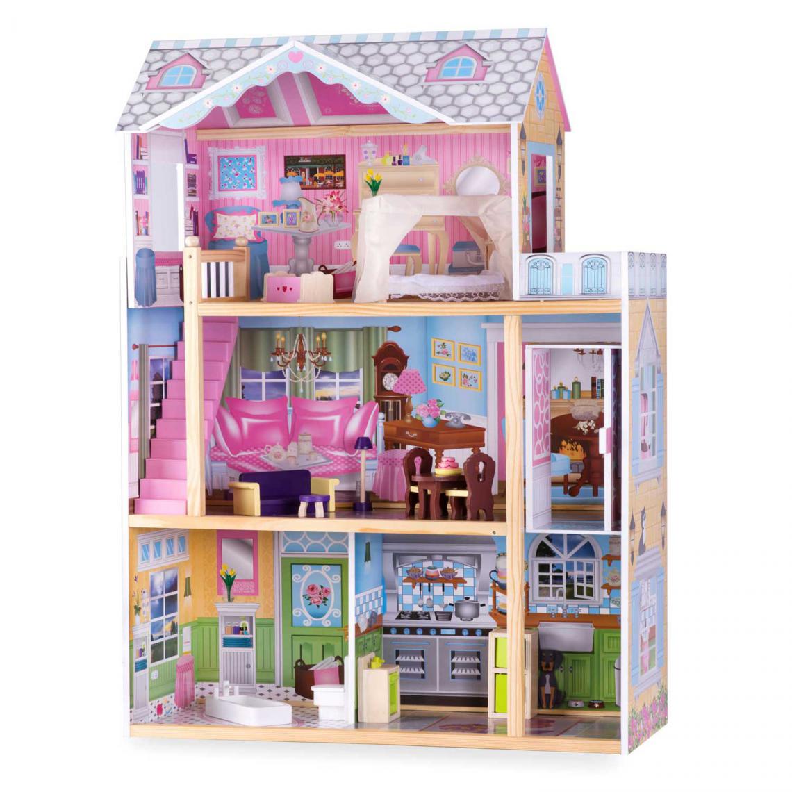 Hucoco - HATTIE | Maison de poupées en bois 4 pièces + terrasse | 116x82x29 cm | Dès 3 ans | 10 meubles/accessoires inclus - Rose - Maisons de poupées