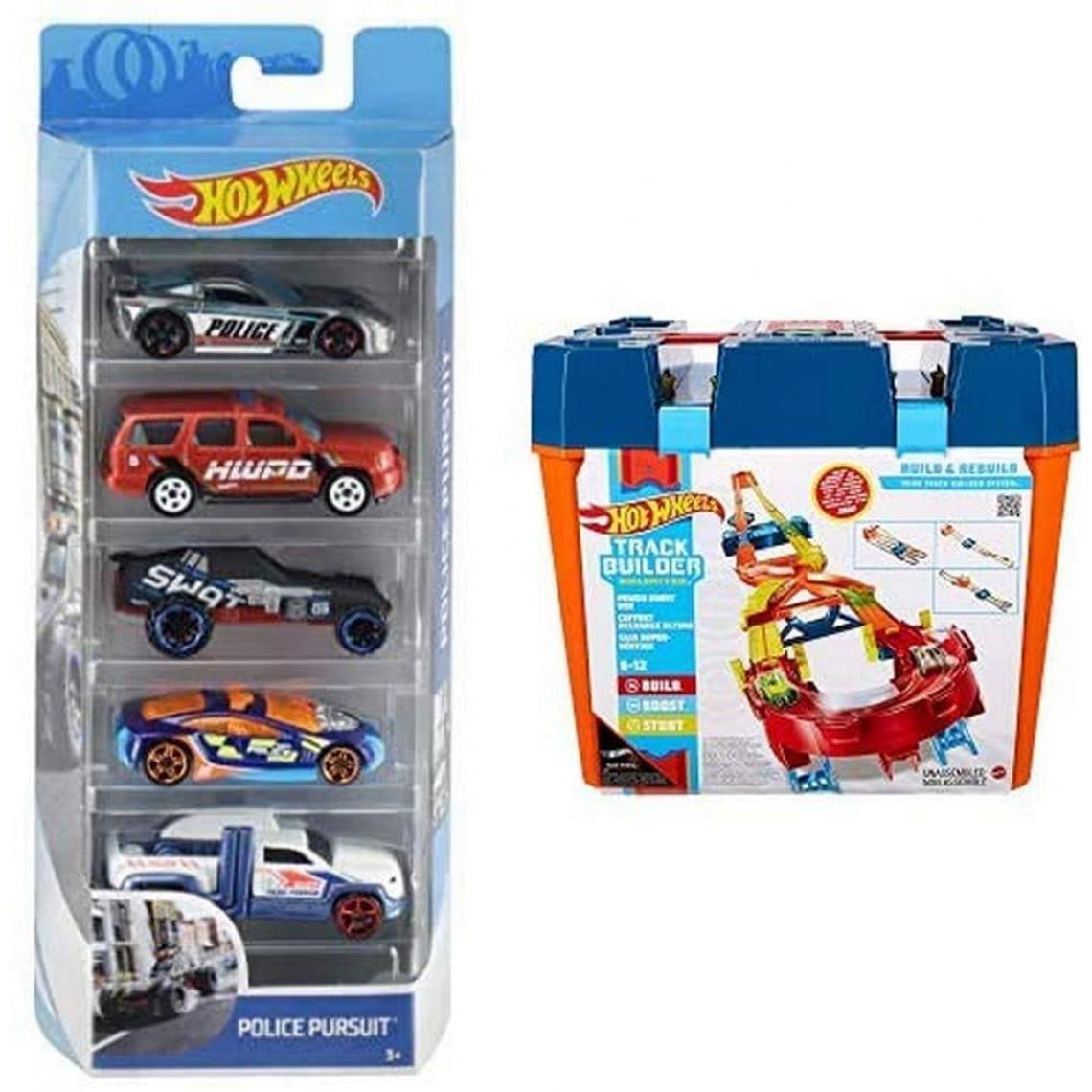 Hot Wheels - Coffret 5 véhicules, Jouet pour Enfant de Petites Voitures Miniatures + Track Builder Unlimited - Voiture de collection miniature