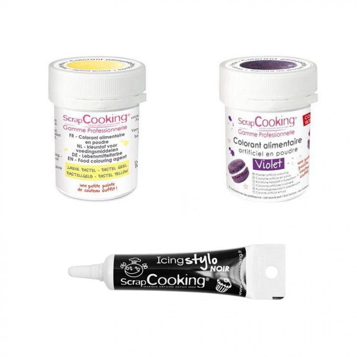 Scrapcooking - 2 colorants alimentaires violet-jaune pastel + Stylo glaçage noir - Kits créatifs